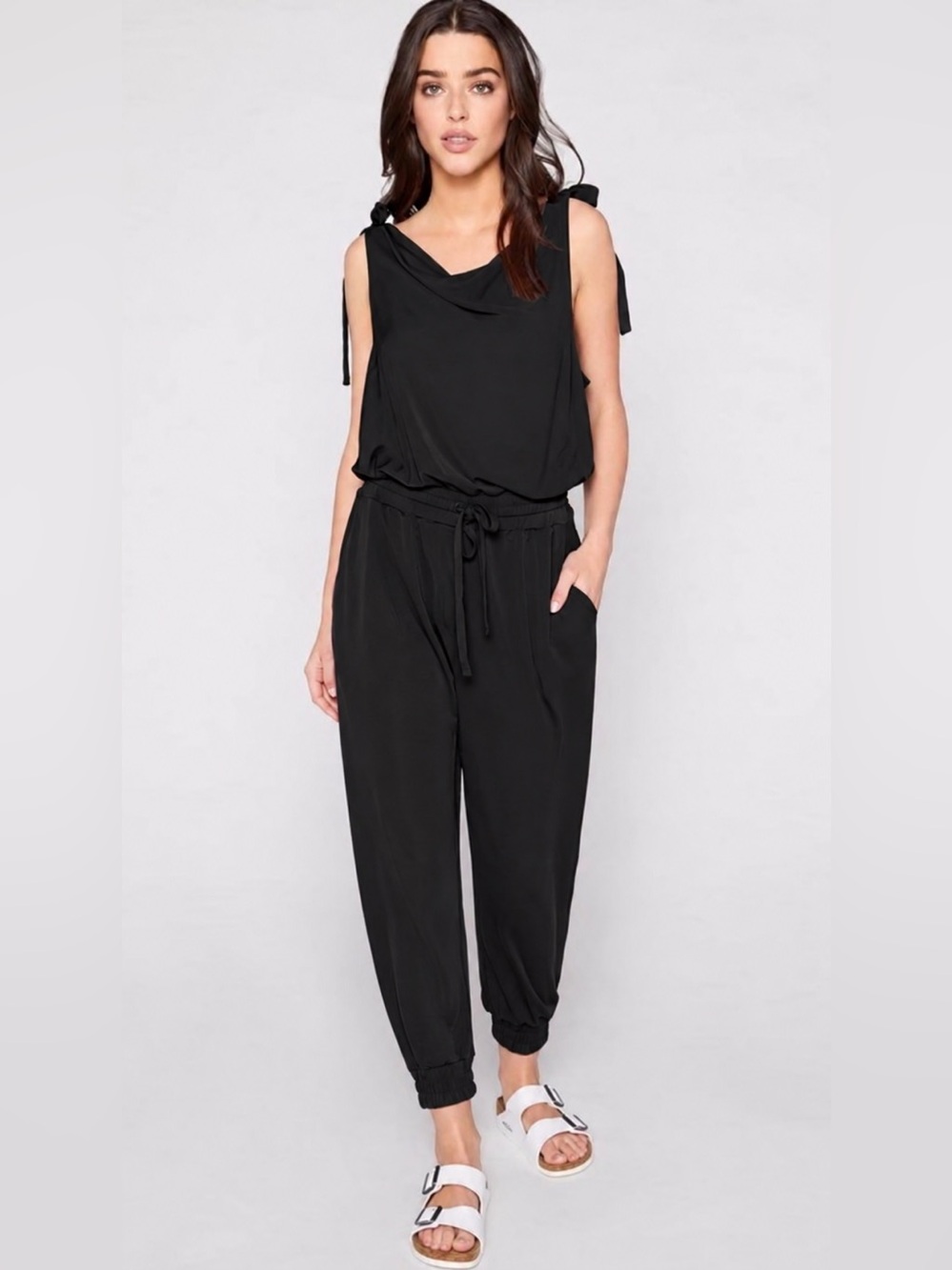Cinq à Sept Shawn Black Tie Shoulder Jogger Jumpsuit NWT XS